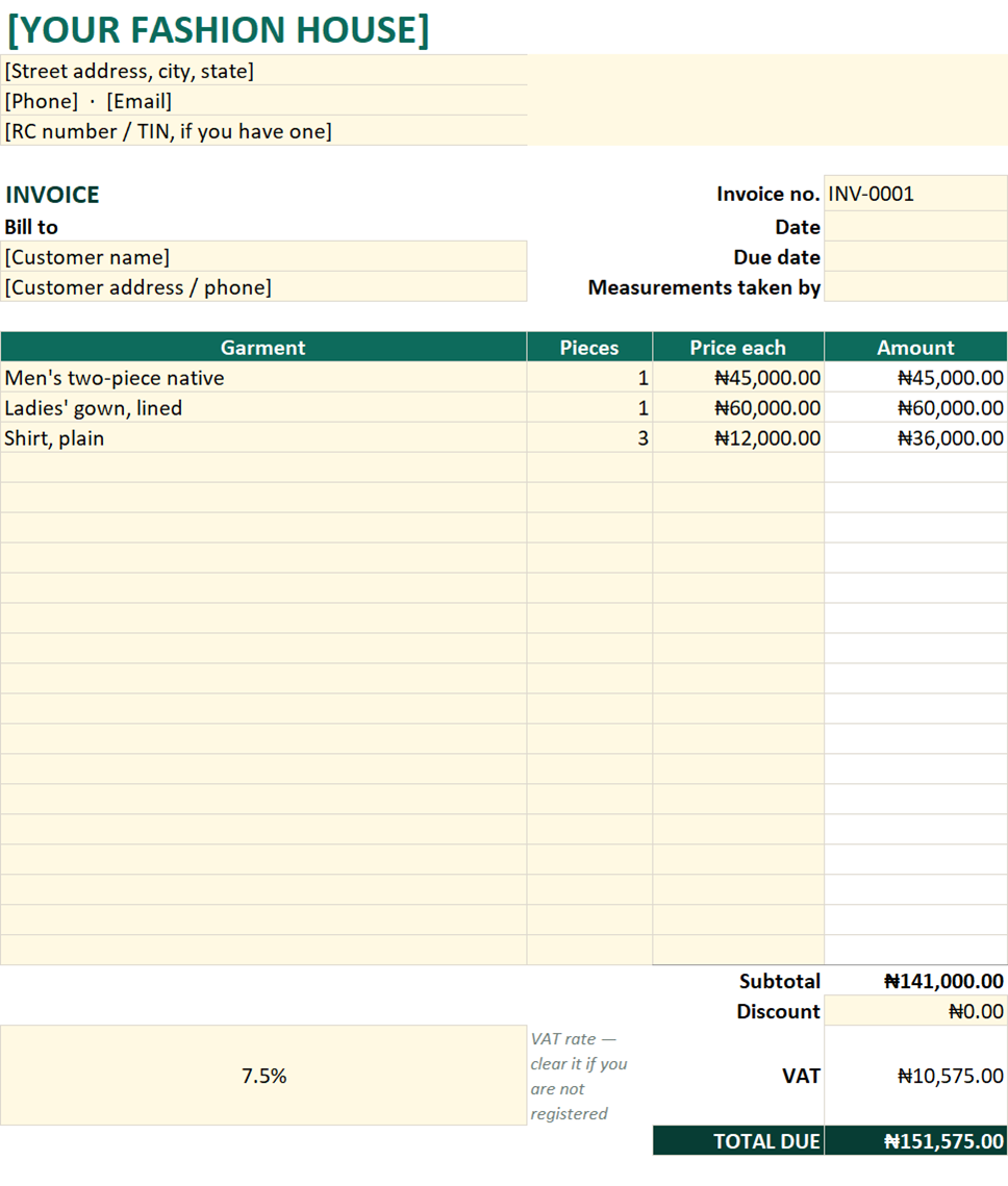 An invoice built for one trade. Line totals, VAT and the total already calculate.